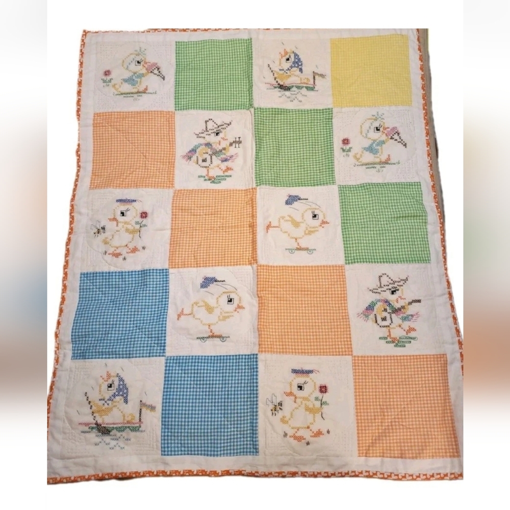 Vtg Handmade Cross Stitch Panels Chick Baby Blanket Gingham Patchwork
